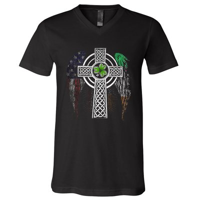 Irish American USA Flag Celtic Cross St Patricks Day V-Neck T-Shirt