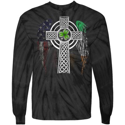 Irish American USA Flag Celtic Cross St Patricks Day Tie-Dye Long Sleeve Shirt