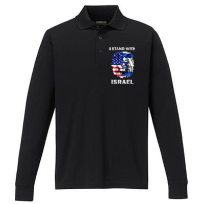 Israel And Usa Flag Lion | I Stand With Israel Performance Long Sleeve Polo