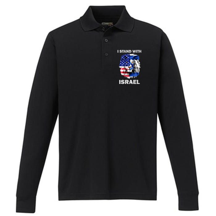 Israel And Usa Flag Lion | I Stand With Israel Performance Long Sleeve Polo