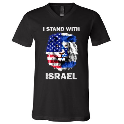 Israel And Usa Flag Lion | I Stand With Israel V-Neck T-Shirt