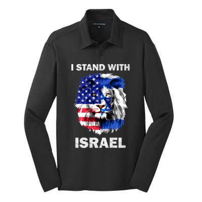 Israel And Usa Flag Lion | I Stand With Israel Silk Touch Performance Long Sleeve Polo