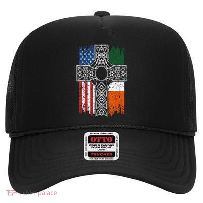 Irish American Usa Flag Celtic Cross St PatrickS Day Gift High Crown Mesh Back Trucker Hat