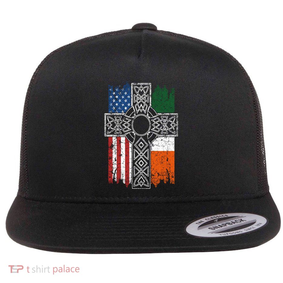 Irish American Usa Flag Celtic Cross St PatrickS Day Gift Flat Bill Trucker Hat