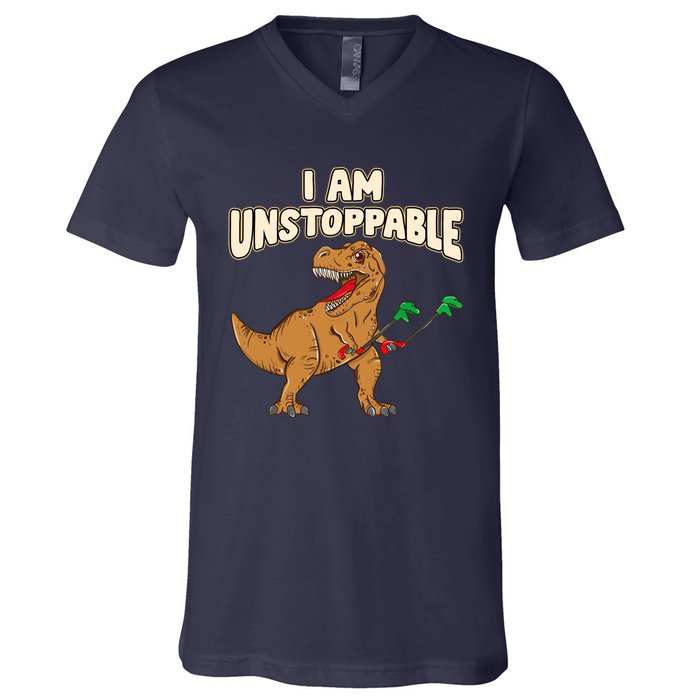 I Am Unstoppable TRex Funny Short Dinosaur Arms Joke V-Neck T-Shirt