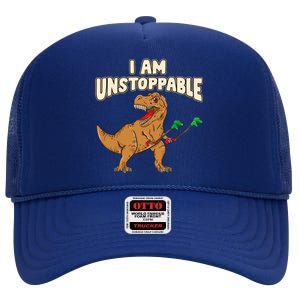 I Am Unstoppable TRex Funny Short Dinosaur Arms Joke High Crown Mesh Back Trucker Hat