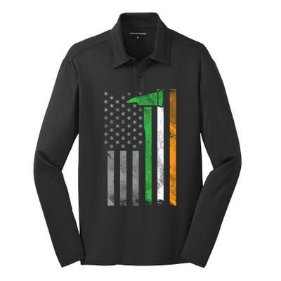 Irish American Us Flag Firefighter Axe Fire St Patricks Day Funny Gift Silk Touch Performance Long Sleeve Polo