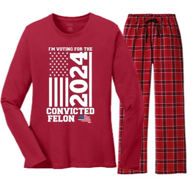 I Am Voting For The Convicted Felon Donald Trump 2024 Usa Flag Women's Long Sleeve Flannel Pajama Set 