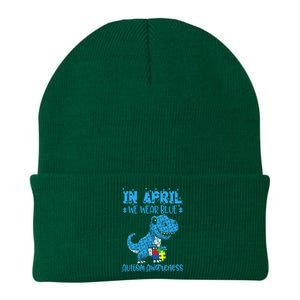 In April We Wear Blue Autism Awareness Month Dinosaur T-Rex Knit Cap Winter Beanie