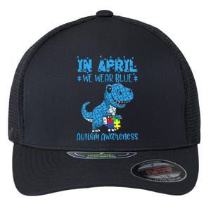 In April We Wear Blue Autism Awareness Month Dinosaur T-Rex Flexfit Unipanel Trucker Cap