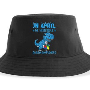 In April We Wear Blue Autism Awareness Month Dinosaur T-Rex Sustainable Bucket Hat