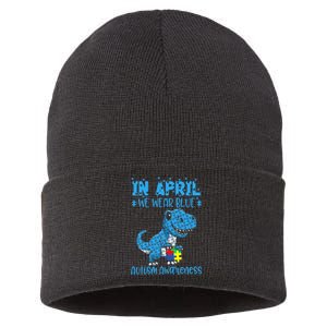 In April We Wear Blue Autism Awareness Month Dinosaur T-Rex Sustainable Knit Beanie