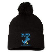 In April We Wear Blue Autism Awareness Month Dinosaur T-Rex Pom Pom 12in Knit Beanie