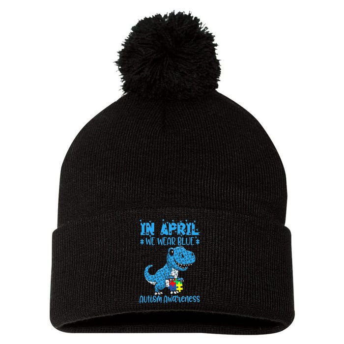 In April We Wear Blue Autism Awareness Month Dinosaur T-Rex Pom Pom 12in Knit Beanie