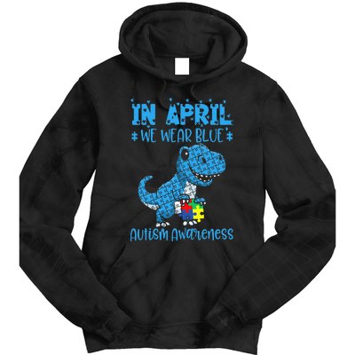 In April We Wear Blue Autism Awareness Month Dinosaur T-Rex Tie Dye Hoodie