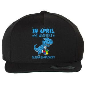 In April We Wear Blue Autism Awareness Month Dinosaur T-Rex Wool Snapback Cap