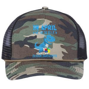 In April We Wear Blue Autism Awareness Month Dinosaur T-Rex Retro Rope Trucker Hat Cap