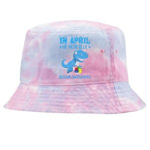 In April We Wear Blue Autism Awareness Month Dinosaur T-Rex Tie-Dyed Bucket Hat