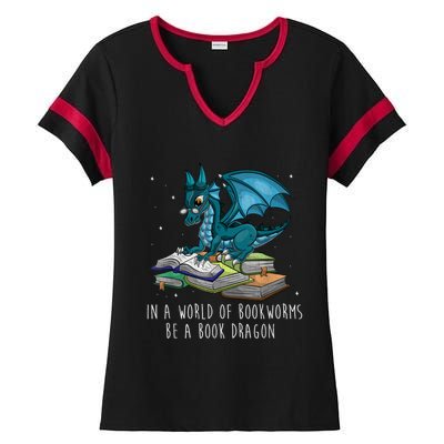 In A World Full Of Bookworms Be A Book Dragon Ladies Halftime Notch Neck Tee