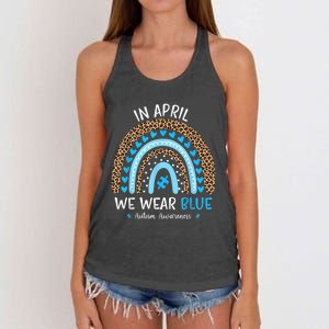 In April We Wear Blue Rainbow Autism Awareness Puzzle Love Women's Knotted Racerback Tank