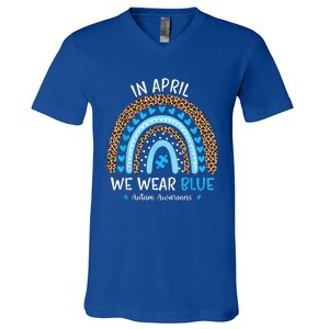 In April We Wear Blue Rainbow Autism Awareness Puzzle Love V-Neck T-Shirt