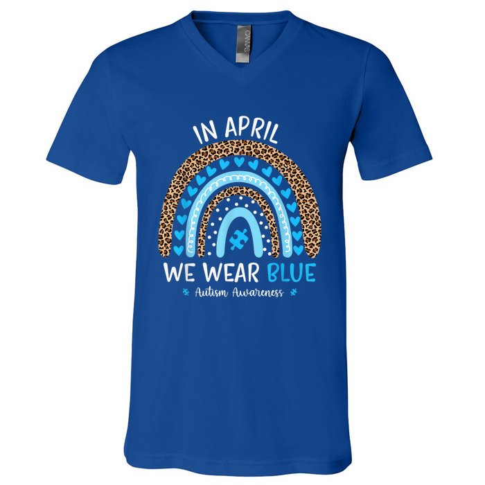 In April We Wear Blue Rainbow Autism Awareness Puzzle Love V-Neck T-Shirt