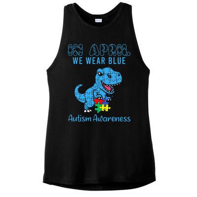 In April We Wear Blue Autism Awareness Dinosaur Ladies PosiCharge Tri-Blend Wicking Tank