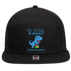 In April We Wear Blue Autism Awareness Dinosaur 7 Panel Mesh Trucker Snapback Hat