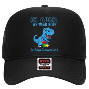 In April We Wear Blue Autism Awareness Dinosaur High Crown Mesh Back Trucker Hat