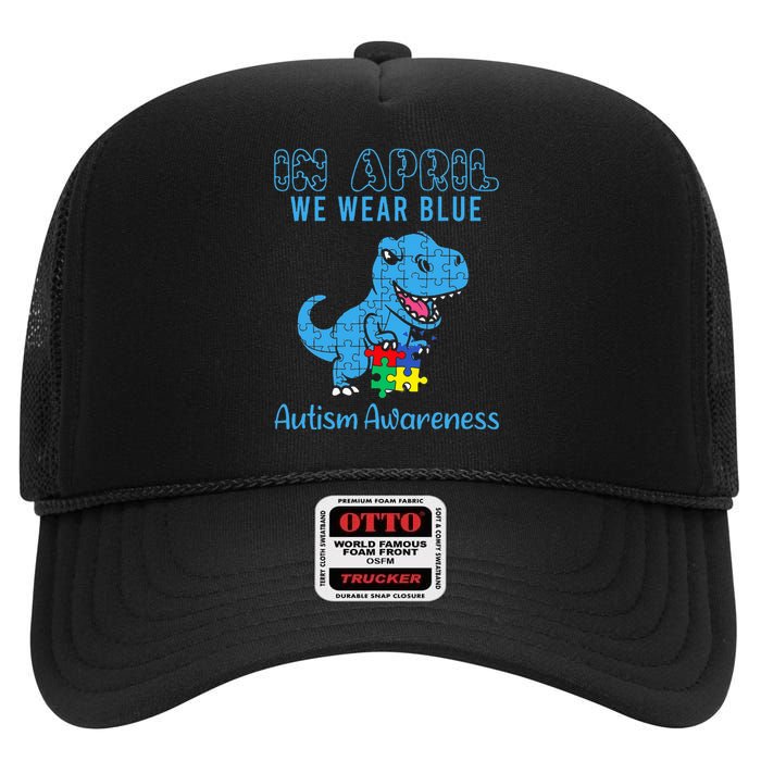 In April We Wear Blue Autism Awareness Dinosaur High Crown Mesh Back Trucker Hat