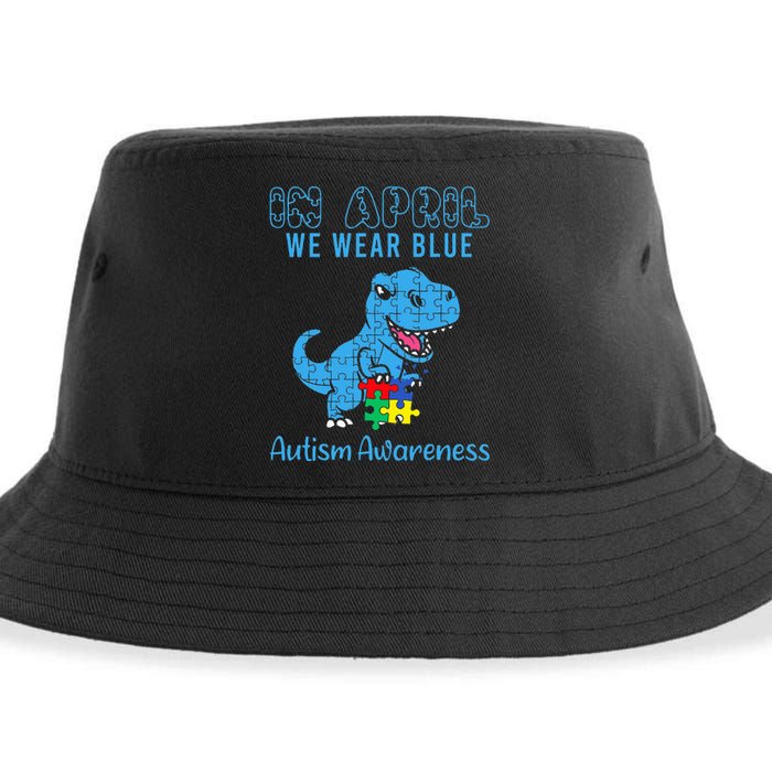 In April We Wear Blue Autism Awareness Dinosaur Sustainable Bucket Hat