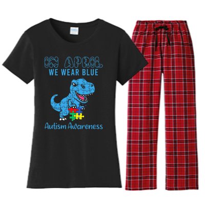 In April We Wear Blue Autism Awareness Dinosaur Women's Flannel Pajama Set