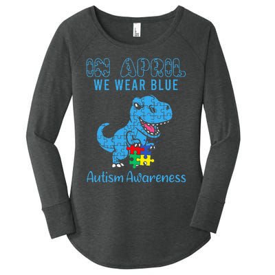 In April We Wear Blue Autism Awareness Dinosaur Women's Perfect Tri Tunic Long Sleeve Shirt