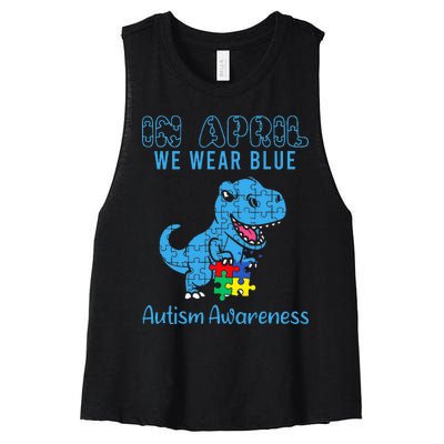 In April We Wear Blue Autism Awareness Dinosaur Women's Racerback Cropped Tank