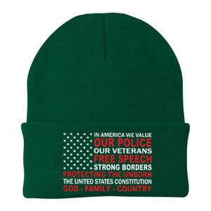 In America We Value Our Police Our Veterans Free Speech Knit Cap Winter Beanie