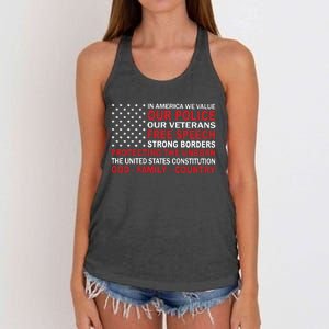 In America We Value Our Police Our Veterans Free Speech Women's Knotted Racerback Tank