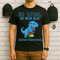 In April We Wear Blue Autism Awareness Month Dinosaur TRex T-Shirt
