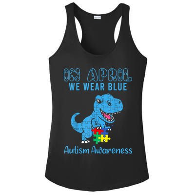 In April We Wear Blue Autism Awareness Month Dinosaur TRex Ladies PosiCharge Competitor Racerback Tank