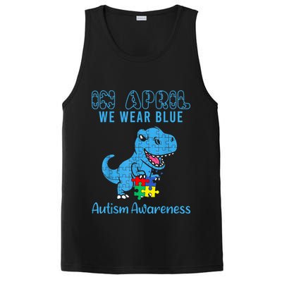 In April We Wear Blue Autism Awareness Month Dinosaur TRex PosiCharge Competitor Tank