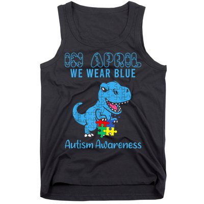 In April We Wear Blue Autism Awareness Month Dinosaur TRex Tank Top