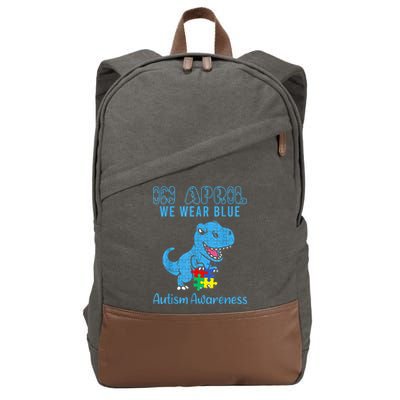 In April We Wear Blue Autism Awareness Month Dinosaur TRex Cotton Canvas Backpack