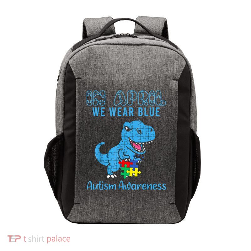 In April We Wear Blue Autism Awareness Month Dinosaur TRex Vector Backpack