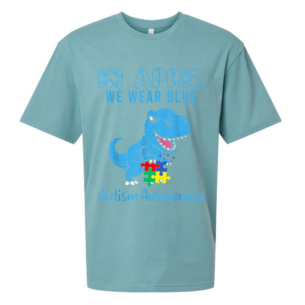 In April We Wear Blue Autism Awareness Month Dinosaur TRex Sueded Cloud Jersey T-Shirt