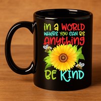 In A World Where You Can Be Anything Be Kind Sunflower Kindness 11oz C Handle Ceramic Mug