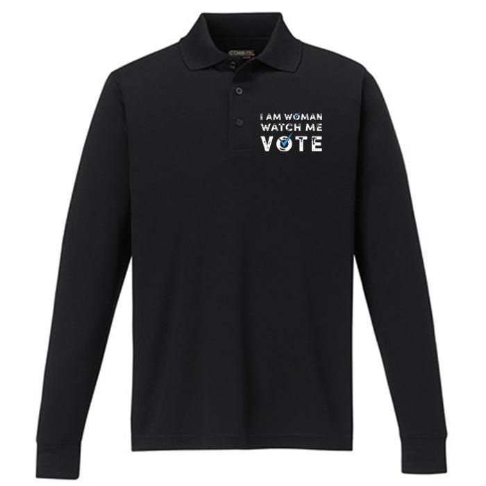 I Am Woman Watch Me Vote Vintage Performance Long Sleeve Polo