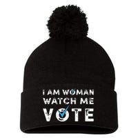 I Am Woman Watch Me Vote Vintage Pom Pom 12in Knit Beanie