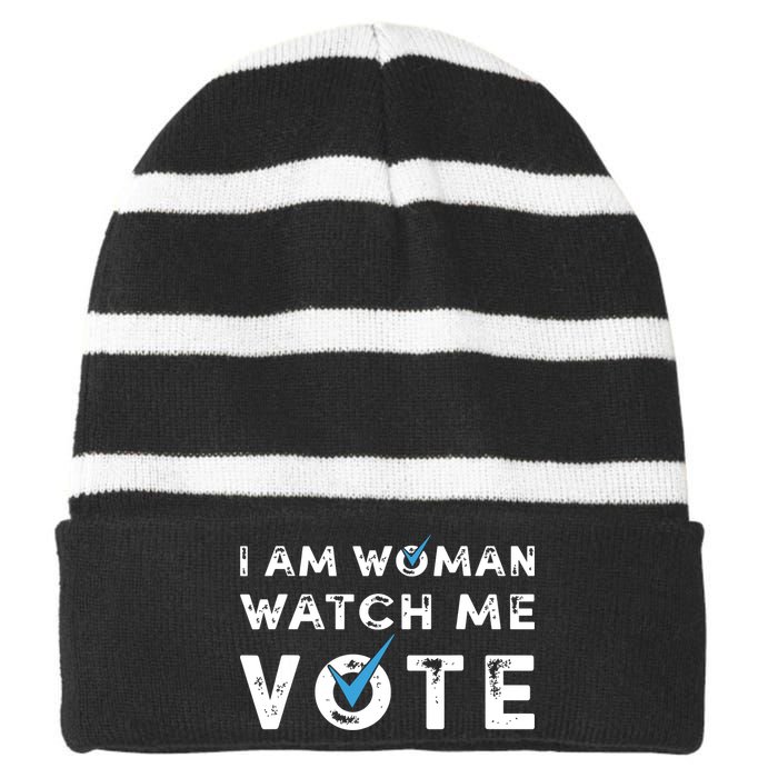 I Am Woman Watch Me Vote Vintage Striped Beanie with Solid Band