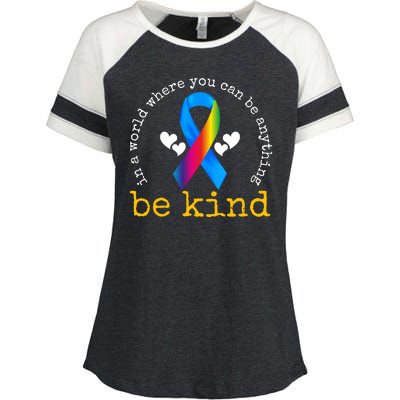 In A World Where You Can Be Anything Be Kind Autism Awareness Ribbon Enza Ladies Jersey Colorblock Tee