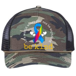 In A World Where You Can Be Anything Be Kind Autism Awareness Ribbon Retro Rope Trucker Hat Cap