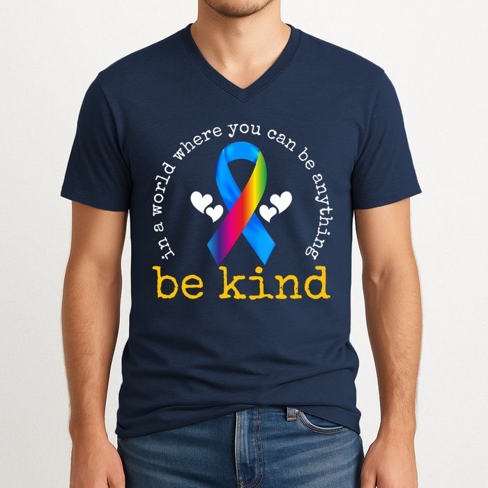 In A World Where You Can Be Anything Be Kind Autism Awareness Ribbon V-Neck T-Shirt